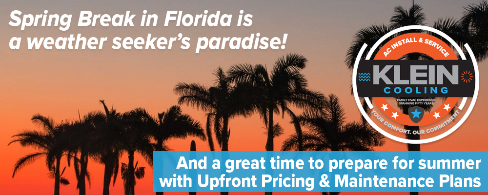 Get upfront pricing and find maintenance plans to prepare you for warmer weather ahead with Klein Cooling Graphic banner. Contains logo